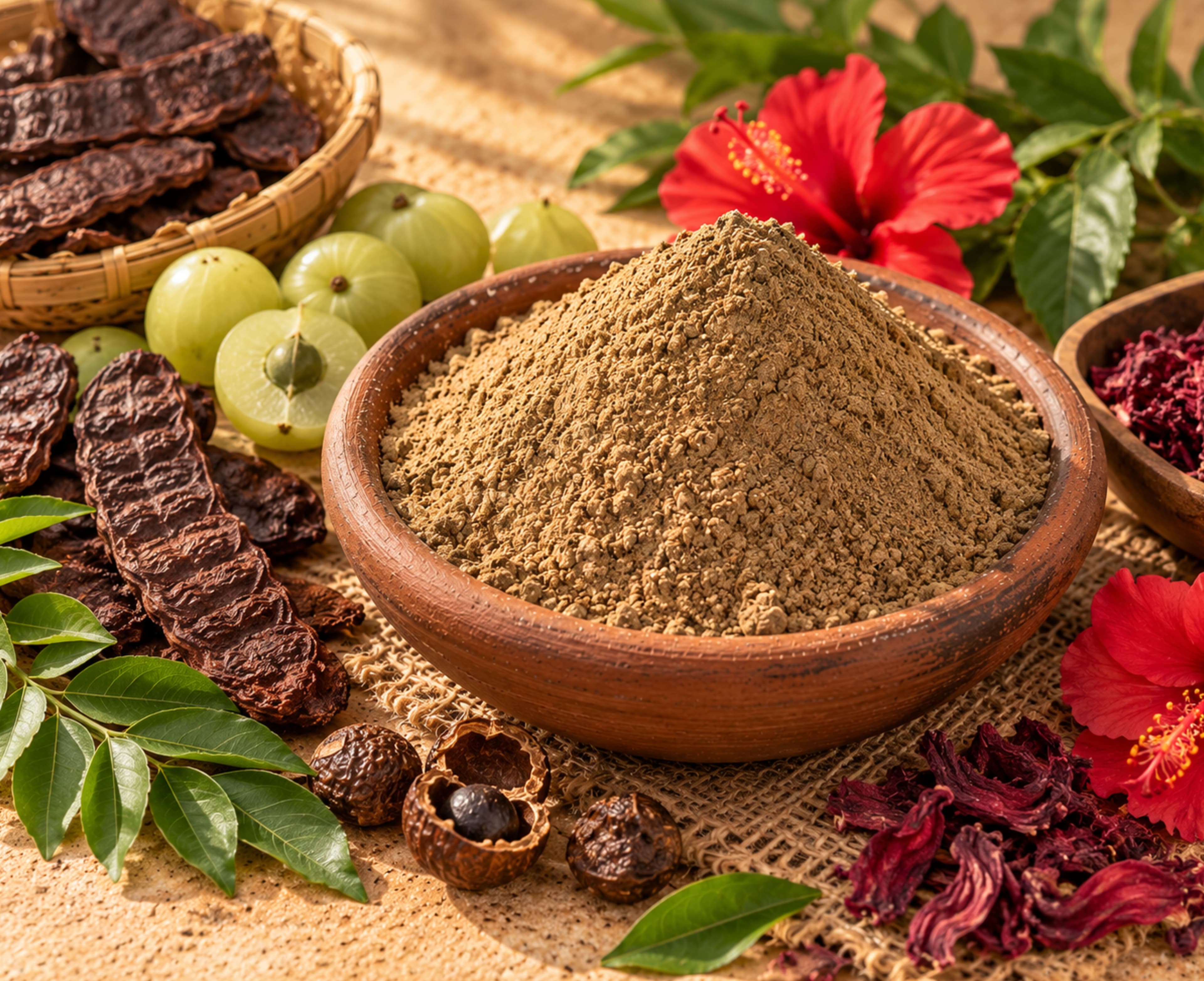 Homemade herbal seeyakkai (shikakai) powder for hair and body wash