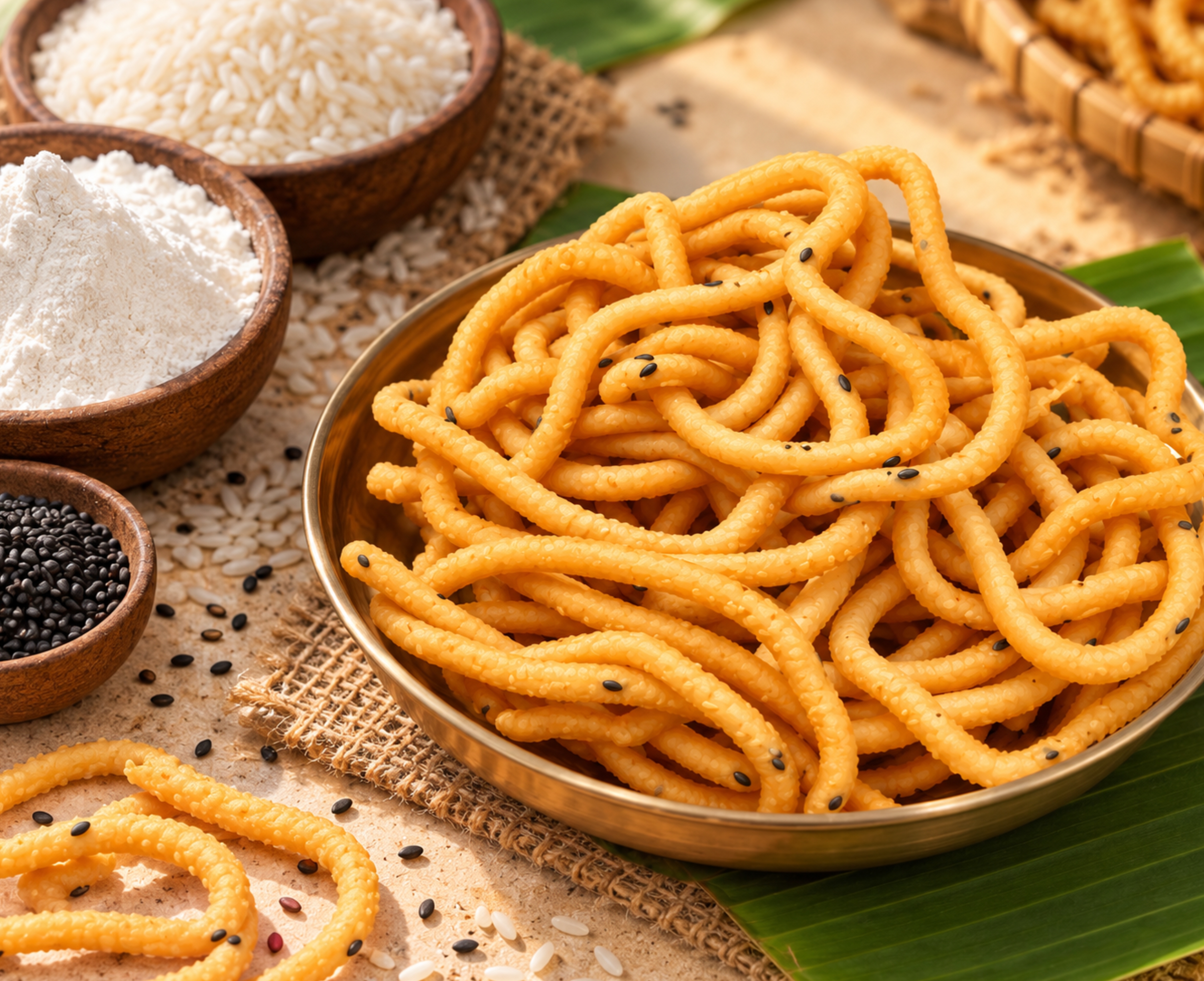 Homemade Thanjavur murukku made with rice flour, urad dal, butter and sesame