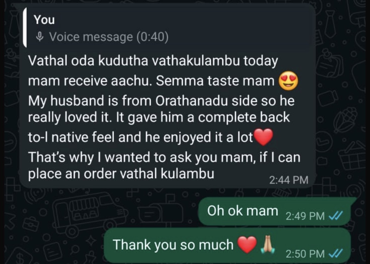 Customer review of Thanjai Thaniyam homemade products